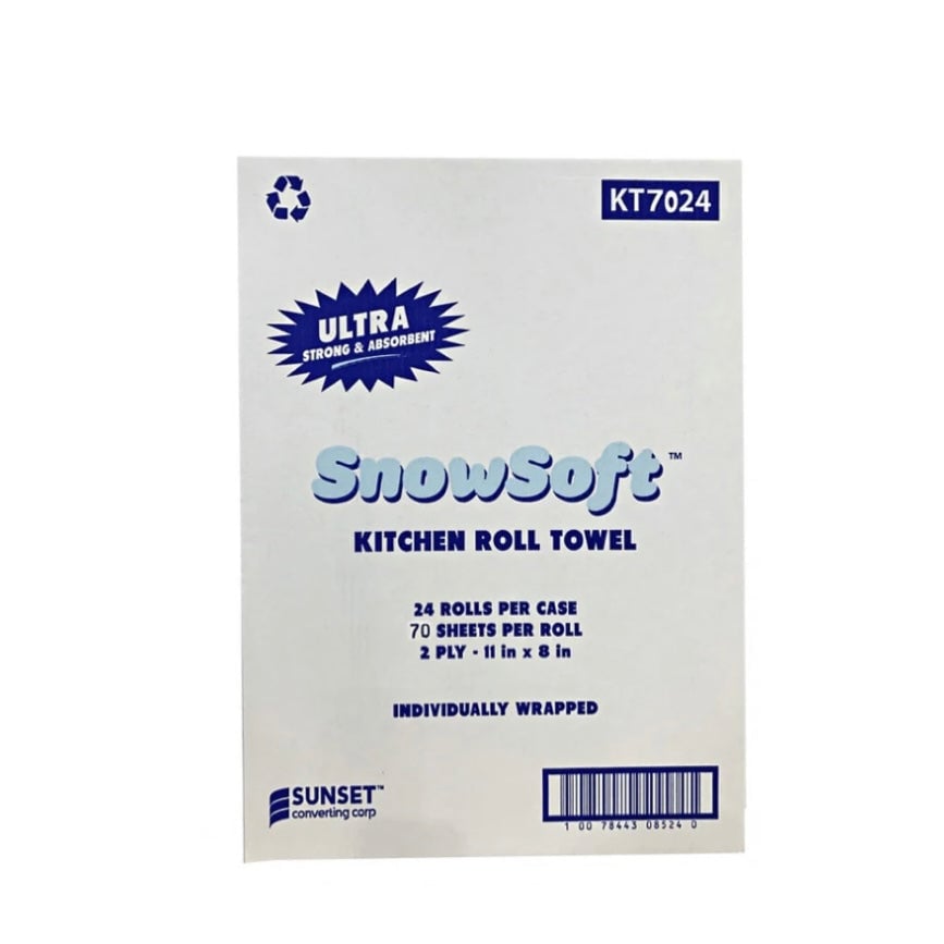 Bulk kitchen roll paper towels, 2‑ply and absorbent, ideal for hotel kitchens, restaurant stations, and catering carts