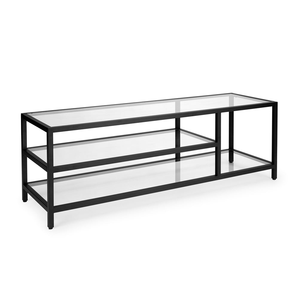 Premium quality TV stand with black metal frame and clear glass shelves, featuring a modern open design perfect for living rooms or hotel suites