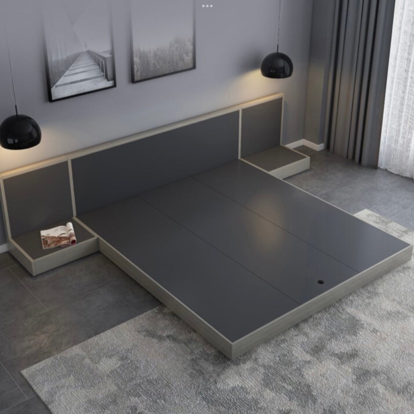 Modern platform bed with underbed storage drawers, great for apartments, student housing, or minimalist bedroom organization