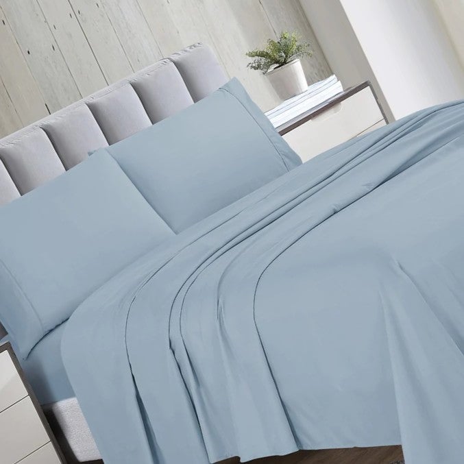 Soft solid-color 6pc bed sheet set, ideal for hotel bedding programs, available in bulk for inns and resorts