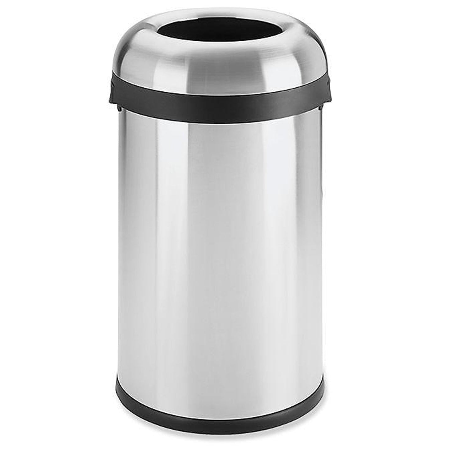 Commercial stainless steel open-top trash can with dome lid, ideal for high-traffic areas in hotels, offices, restaurants, and public spaces
