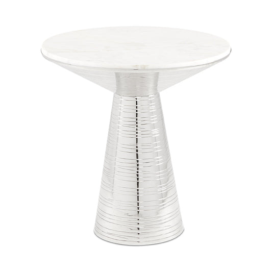Valentine End Table with white marble top and sculpted silver frame, a modern statement piece ideal for hotel suites, lobbies, or living rooms.