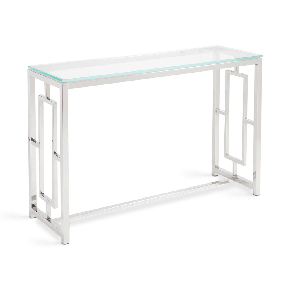 Zenzi Console Table by Canadian Hotel Supply featuring a clear glass top and chrome geometric frame, perfect for hotel lobbies or modern spaces