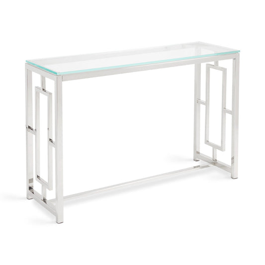 Zenzi Console Table by Canadian Hotel Supply featuring a clear glass top and chrome geometric frame, perfect for hotel lobbies or modern spaces