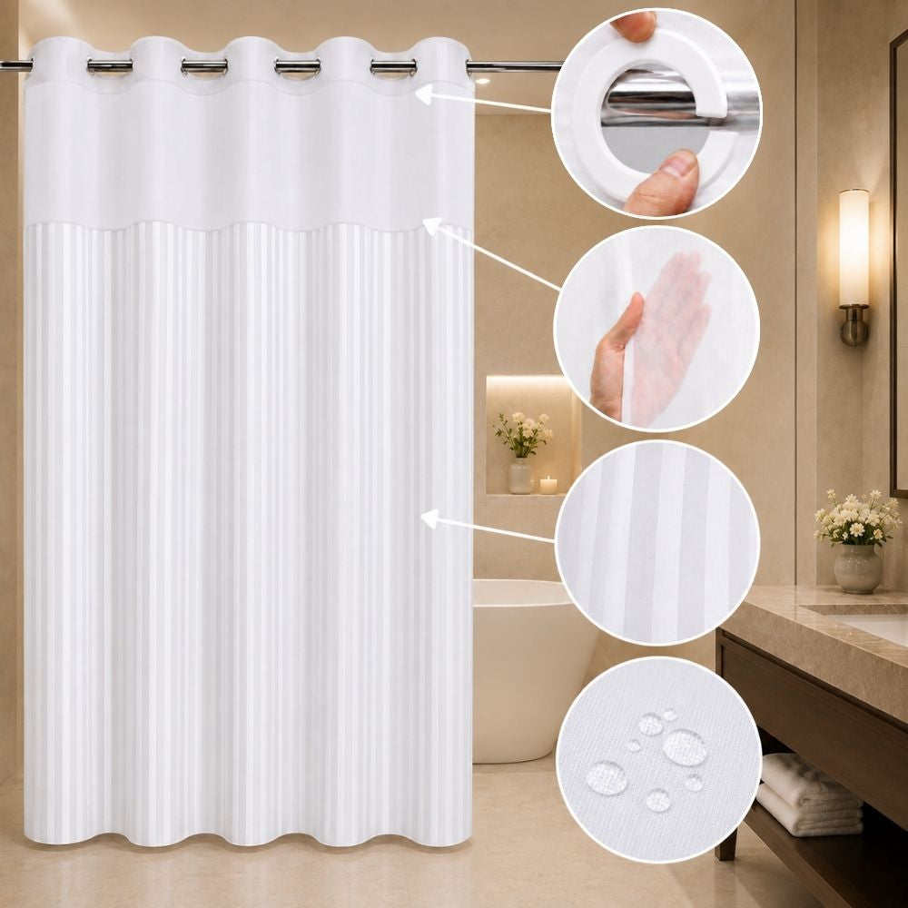 White striped hookless hotel shower curtain with sheer window and water-repellent fabric for hotels, resorts, inns and motels.