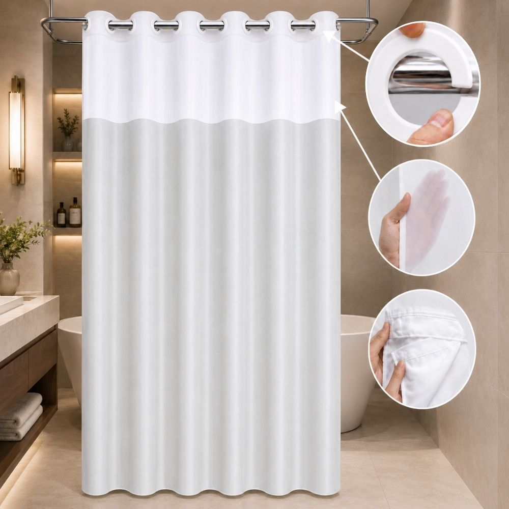 White hookless hotel shower curtain with sheer panel, integrated rings and removable liner for hotels, inns and guest bathrooms.