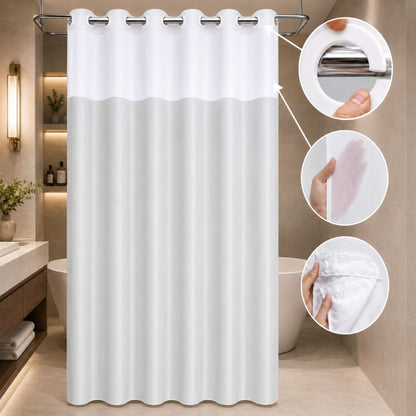 White hookless hotel shower curtain with sheer panel, integrated rings and removable liner for hotels, inns and guest bathrooms.