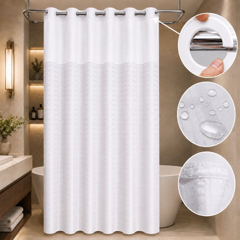 White lattice hookless hotel shower curtain with water-resistant fabric, integrated rings and liner for hospitality bathrooms.