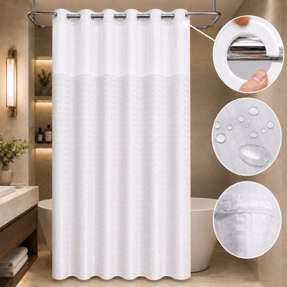 White lattice hookless hotel shower curtain with water-resistant fabric, integrated rings and liner for hospitality bathrooms.