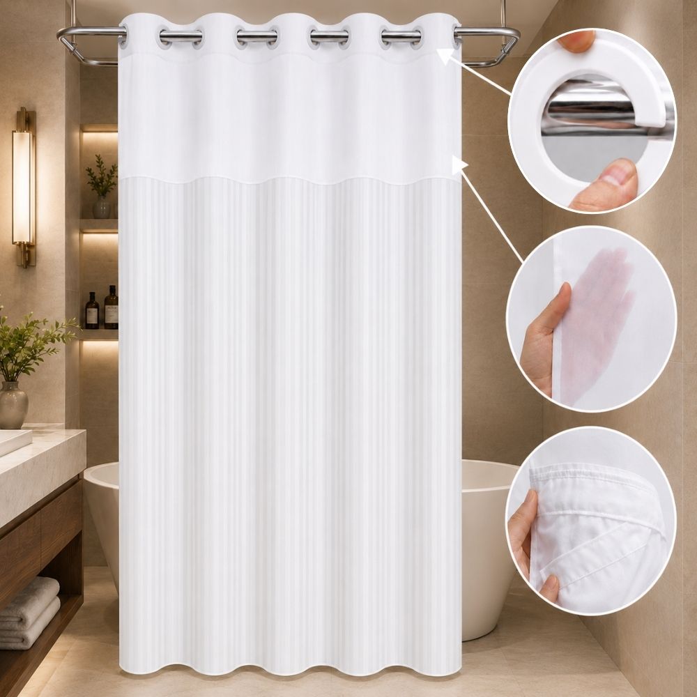 White striped hookless hotel shower curtain with sheer window, integrated rings and liner for hotels, motels and resorts.