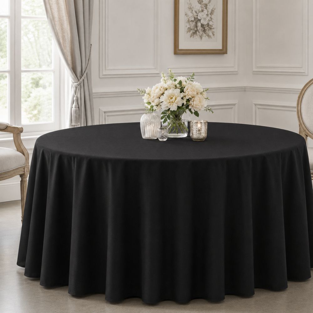 Black round tablecloth for hotels, restaurants, banquet halls and event venues, shown with full-length draping on a round table.