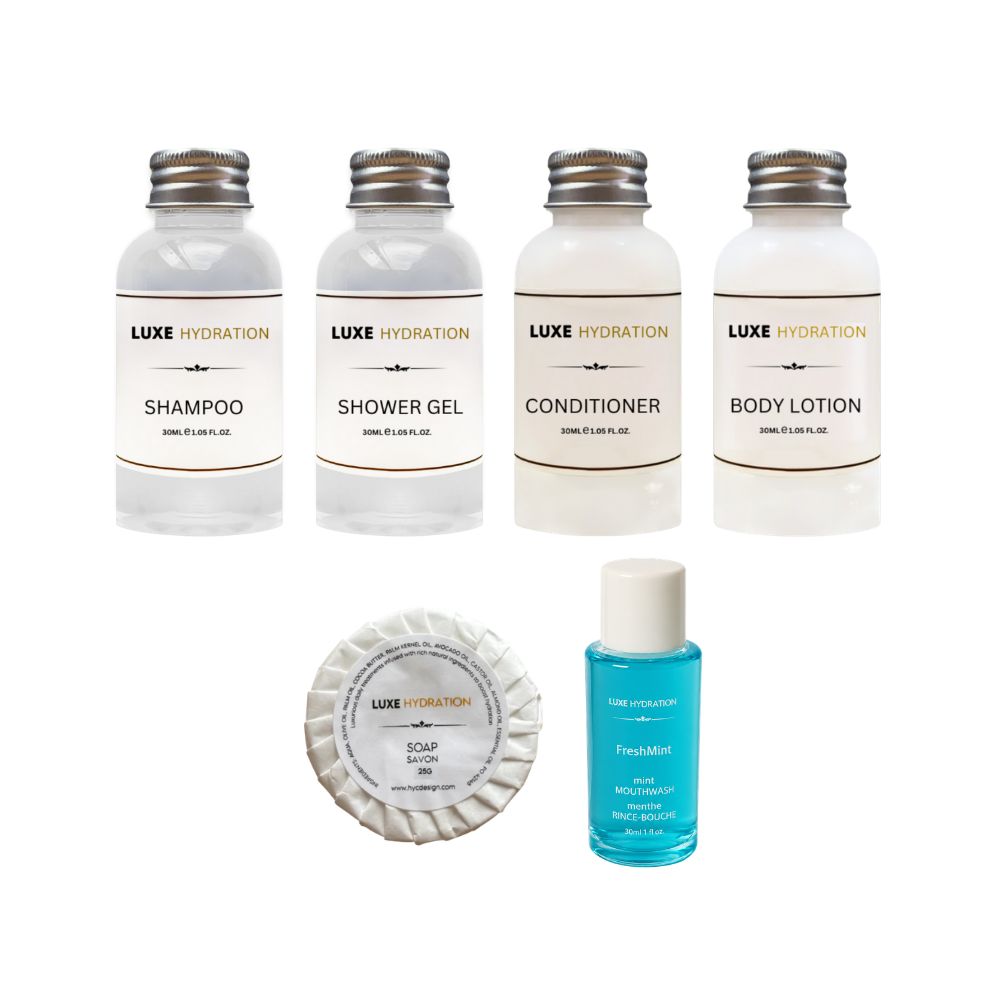 Six-piece Luxe Hydration hotel amenity kit with bath toiletries, guest 25g soap and 30 ml mouthwash for hotels, motels and Airbnbs.