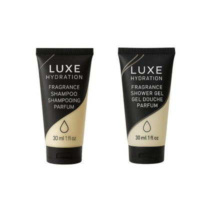Luxe Hydration 30ml fragrance shampoo and shower gel hotel amenity tubes for hotels, motels, resorts, spas and guest rooms.