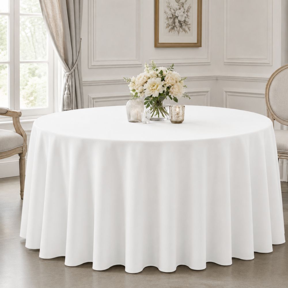 White round tablecloth for hotels, banquet halls, restaurants and catering events, displayed with elegant floor-length coverage.