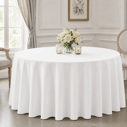White round tablecloth for hotels, banquet halls, restaurants and catering events, displayed with elegant floor-length coverage.