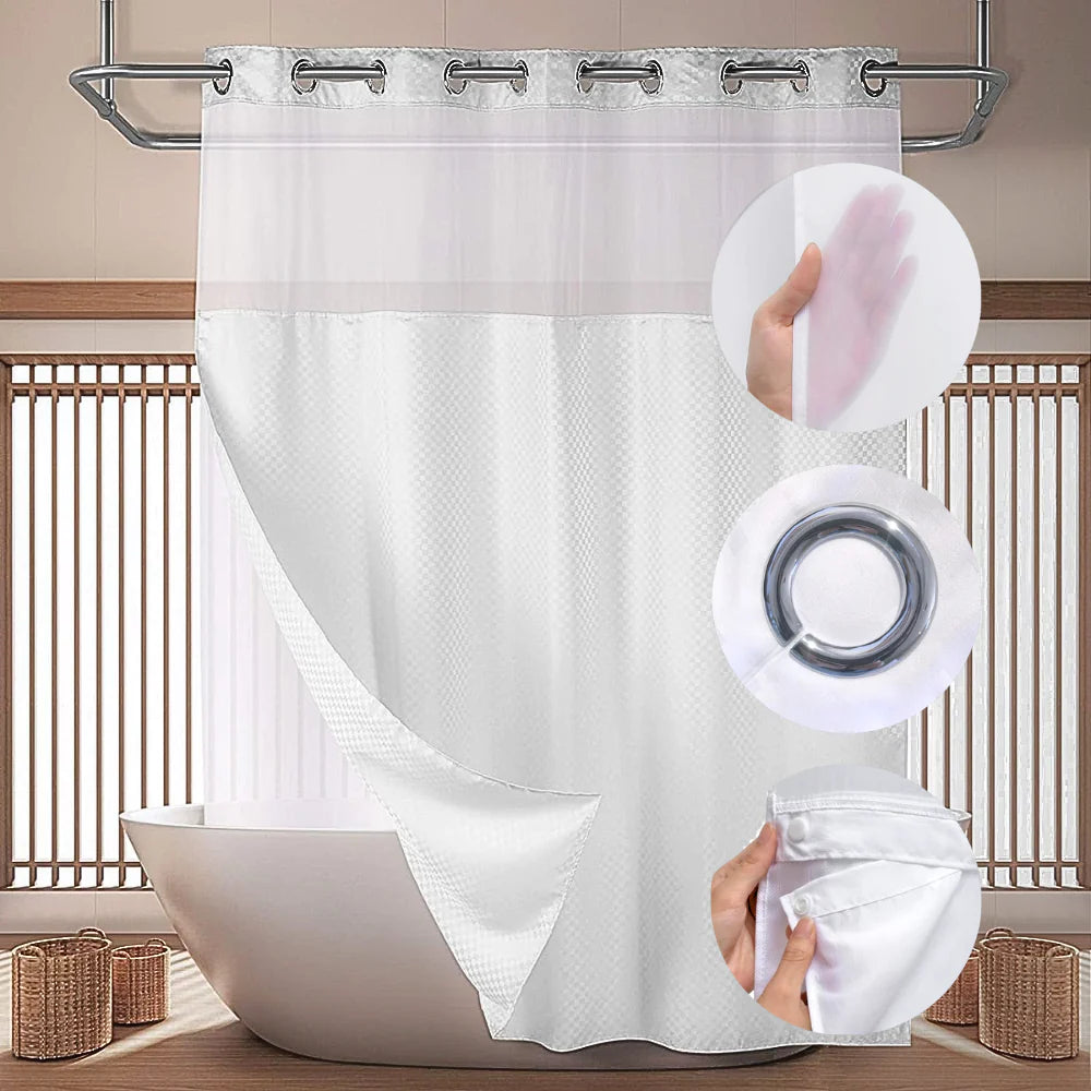 Heavy Duty Hook Less 2 Piece Chrome Rings Shower Curtain with Translucent Window & Removable Snap-On Liner - Checkered