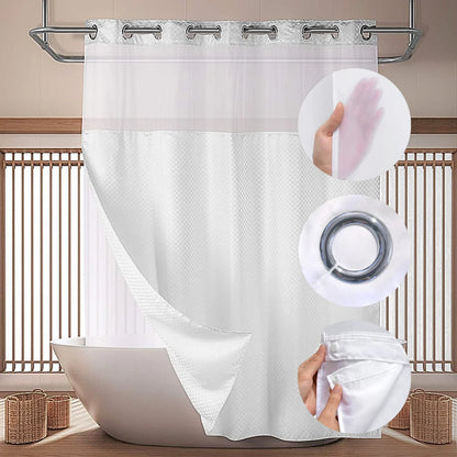 Heavy Duty Hook Less 2 Piece Chrome Rings Shower Curtain with Translucent Window & Removable Snap-On Liner - Multiple Styles Available