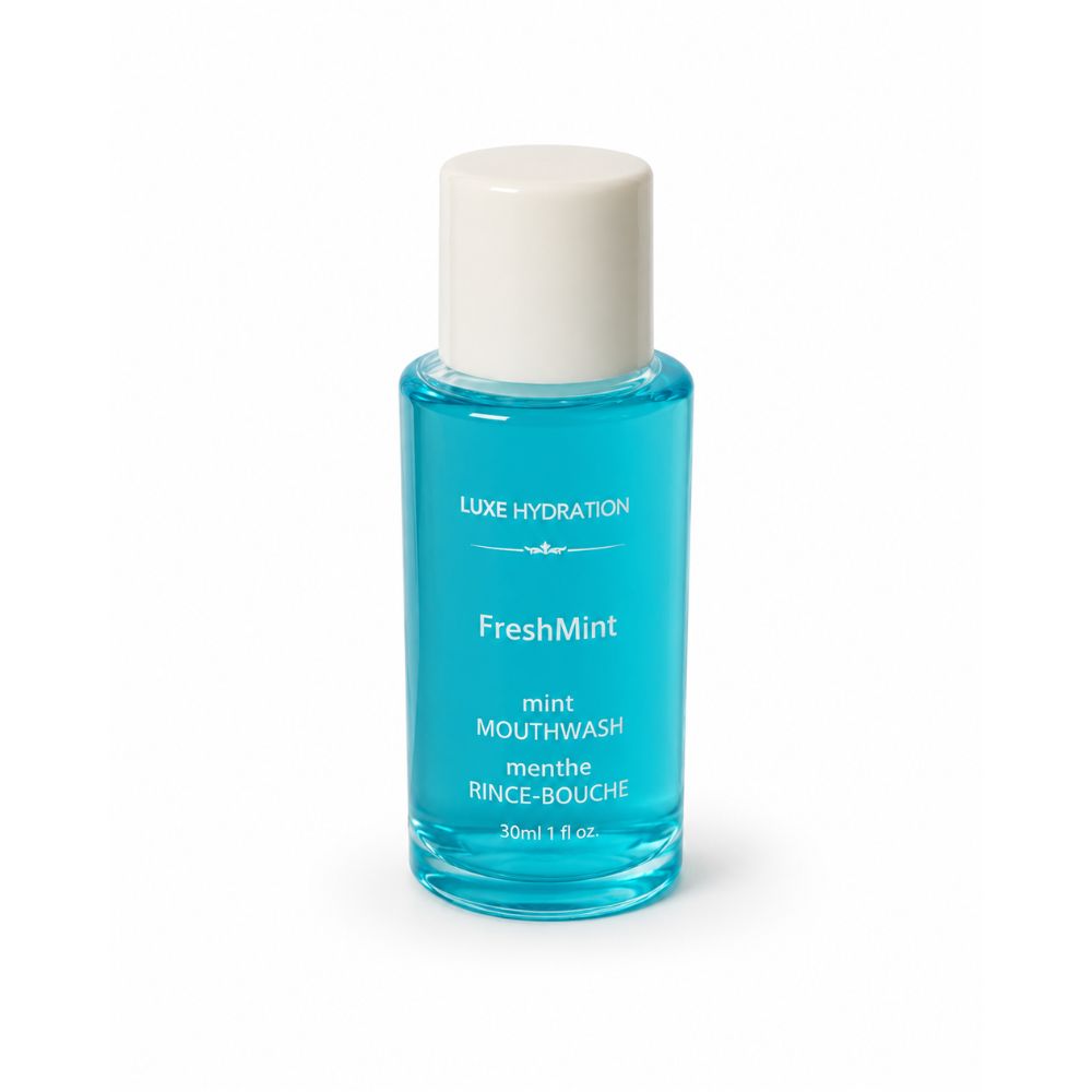 Luxe Hydration FreshMint 30 ml mint mouthwash bottle for hotels, resorts, motels, Airbnbs and hospitality guest amenity programs.