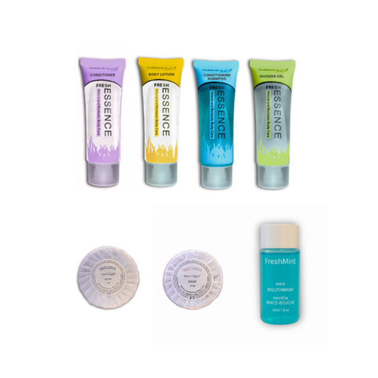 Full Fresh essence amenity set with 700  pieces, with essential oils, refreshing fragrance, ideal for guest bathrooms and personal care

