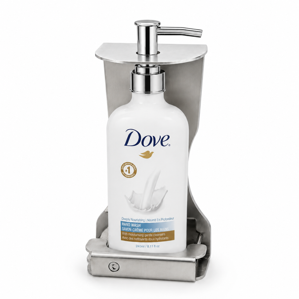 Dove body lotion in a locking stainless steel single dispenser bracket for hotels, resorts, spas, and commercial guest bathrooms.