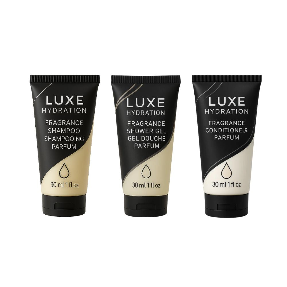 Luxe Hydration 30ml fragrance hotel amenity set with shampoo, shower gel and conditioner for hotels, resorts and guest rooms.