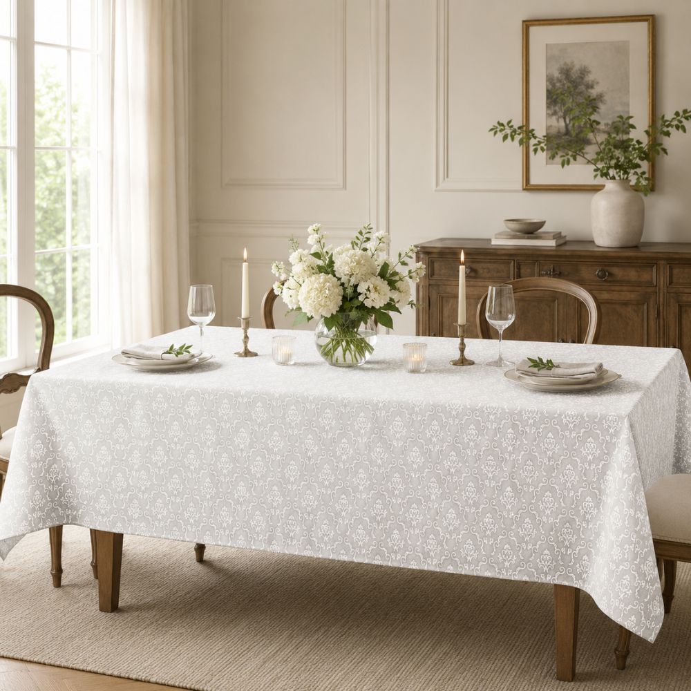 White patterned rectangular tablecloth for hotels, restaurants, banquet halls and event venues, styled for formal dining and events.