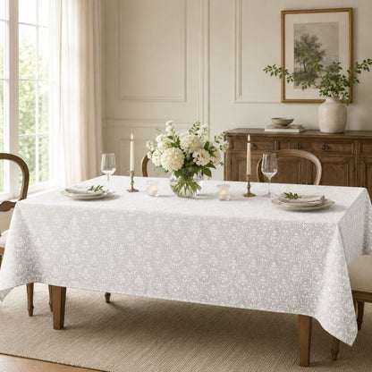 White patterned rectangular tablecloth for hotels, restaurants, banquet halls and event venues, styled for formal dining and events.