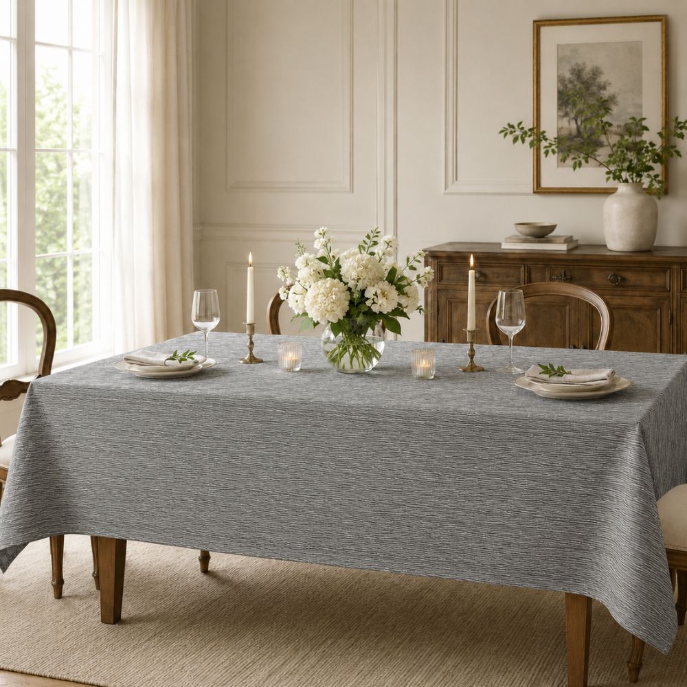 Grey textured rectangular tablecloth for hotels, restaurants, banquet halls and event venues, styled in a professional dining setting.