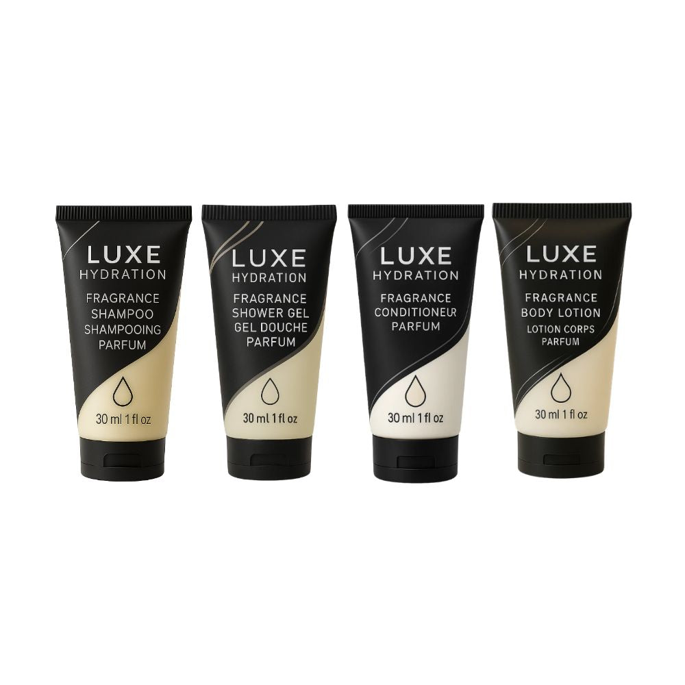 Luxe Hydration 30ml fragrance hotel amenity set with shampoo, shower gel, conditioner and body lotion for hotels and resorts.