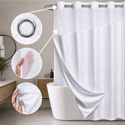 White patterned hookless hotel shower curtain with chrome grommets and detachable liner for hotels, inns, resorts and motels.