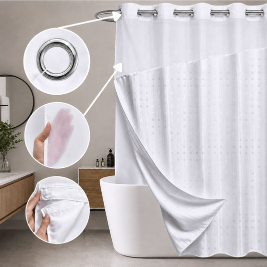 White patterned hookless hotel shower curtain with chrome grommets and detachable liner for hotels, inns, resorts and motels.