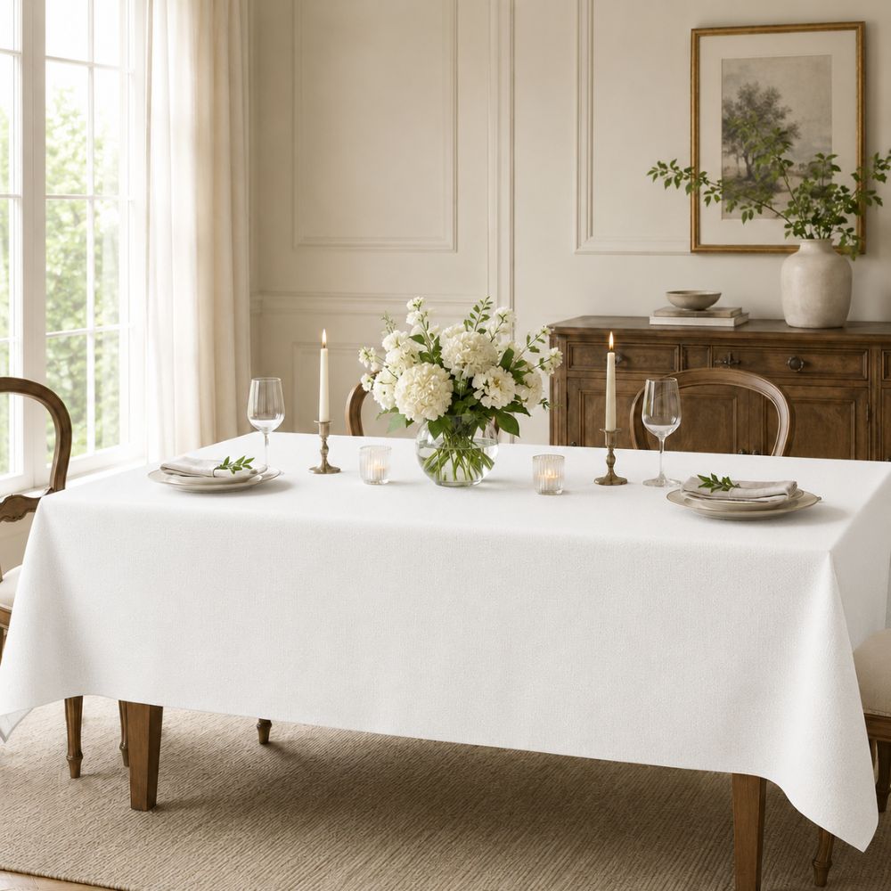 White rectangular tablecloth for hotels, restaurants, banquet halls and event venues, displayed in a professional dining setup.