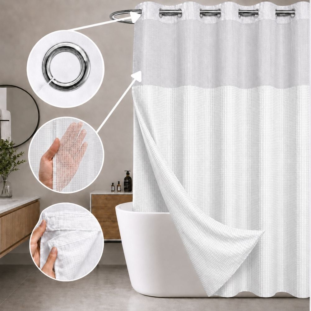 White waffle-weave hookless hotel shower curtain with sheer window and removable liner for hospitality bathroom installations.
