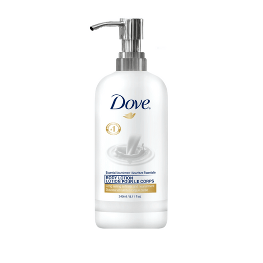 Dove Pro Daily Moisture body lotion 240 mL bottle, rich hydration available in bulk for hotel room dispensers and spa amenities