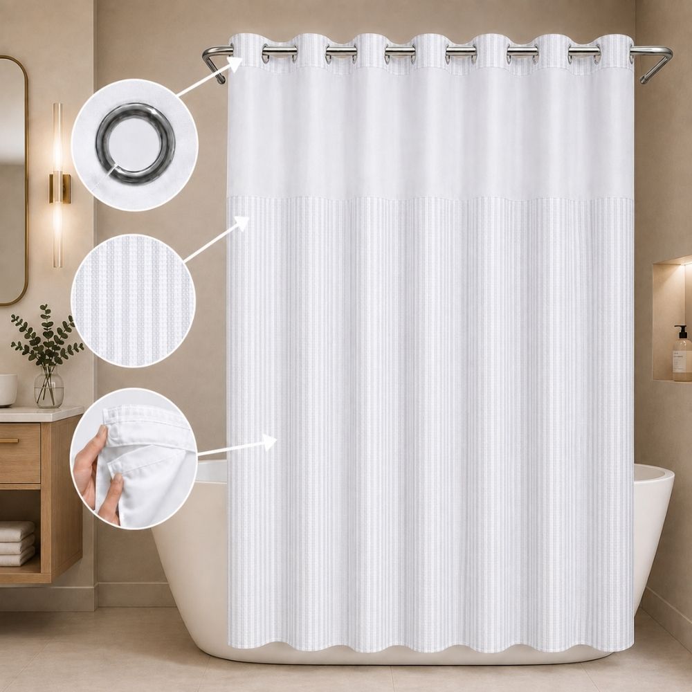 White striped hookless hotel shower curtain with chrome grommets and removable liner for hotels, motels, resorts and guest bathrooms.