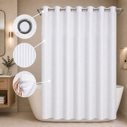 White striped hookless hotel shower curtain with chrome grommets and removable liner for hotels, motels, resorts and guest bathrooms.