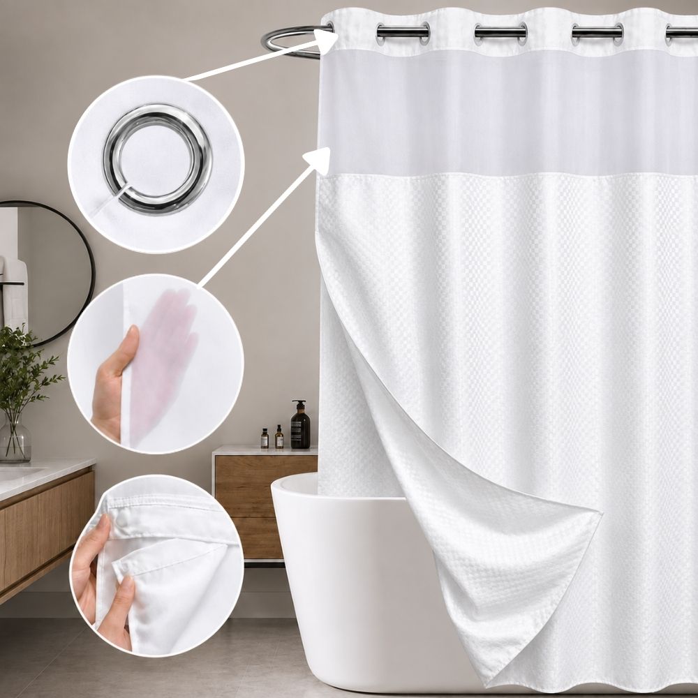 White textured hookless hotel shower curtain with sheer window and removable liner for hospitality and commercial bathrooms.