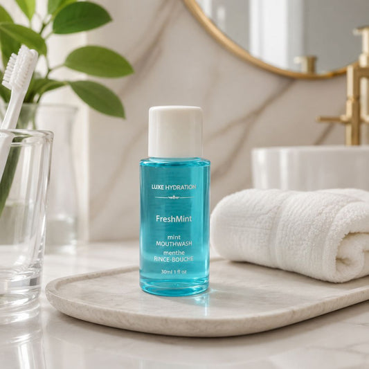 Luxe Hydration FreshMint 30 ml mouthwash in a hotel bathroom setting, ideal for guest rooms, resorts and commercial hospitality use.