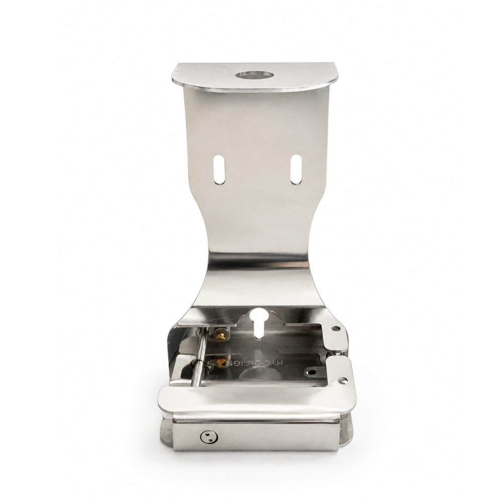 Commercial stainless steel single amenity dispenser bracket for securely mounting soap, shampoo, or lotion bottles in hotel bathrooms.