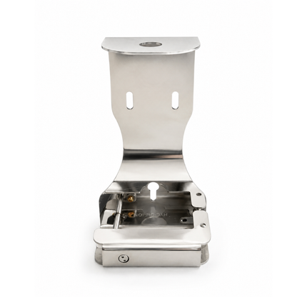 Commercial stainless steel single amenity dispenser bracket for securely mounting soap, shampoo, or lotion bottles in hotel bathrooms.