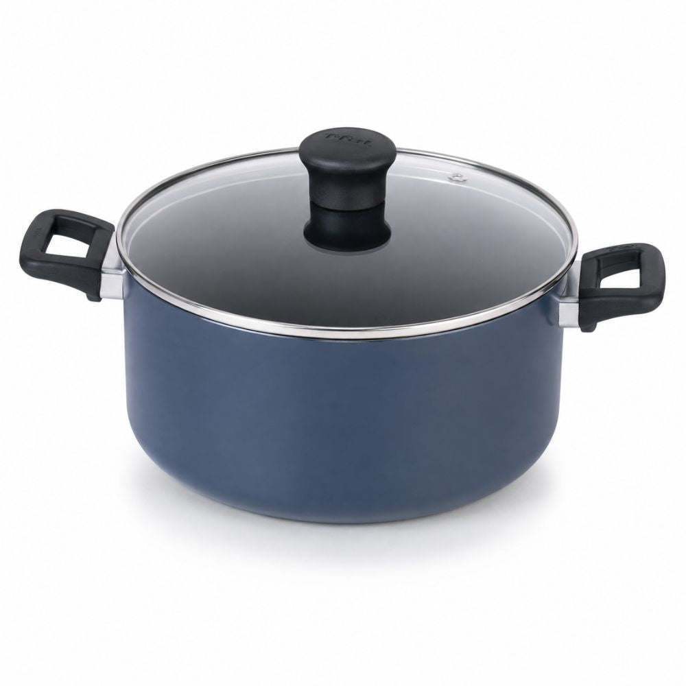 T-fal blue nonstick stock pot with glass lid and side handles for hotel suites, rentals and furnished accommodation kitchens.