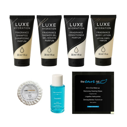 Luxe Hydration seven-piece hotel amenity kit with 30 ml toiletries, 13 g soap, mouthwash and makeup wipe for hospitality guest rooms.