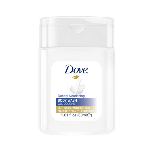 30ml Dove Hydrating Care body wash, gentle and cleansing, ideal for hotel shower kits and hospitality guest rooms.