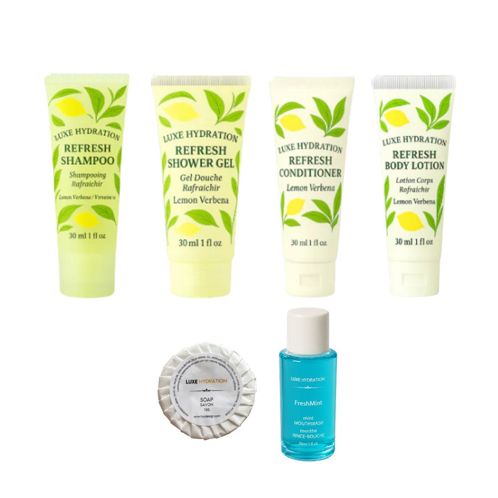 Six-piece Lemon Verbena hospitality toiletry kit with four bath products, 13 g guest soap and 30 ml mouthwash.