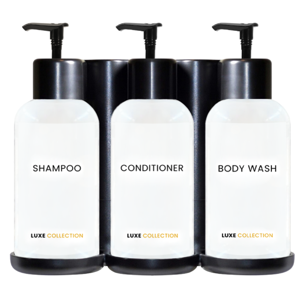 Triple Plastic Amenity Holder Black - Shampoo, Conditioner, and Body Wash (liquid included)