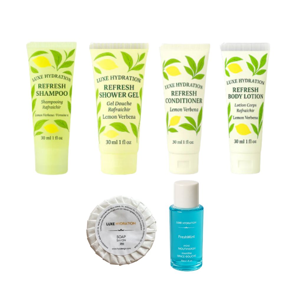 Six-piece Lemon Verbena hotel amenity kit with four 30 ml toiletries, 25 g guest soap and FreshMint mouthwash for hospitality use.
