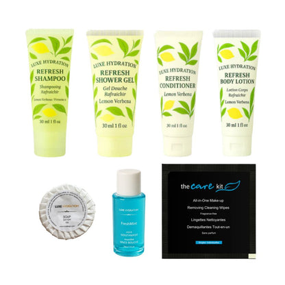 Luxe Hydration hospitality amenity set with four Lemon Verbena toiletries, 25 g soap, mouthwash and cleansing wipe.