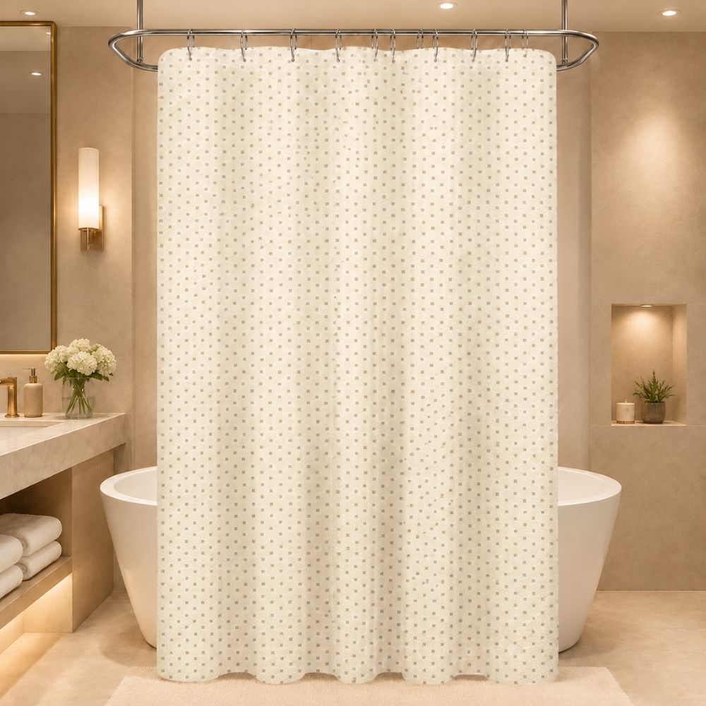 Hospitality beige patterned shower curtain displayed in a hotel bathroom, ideal for resorts, motels, inns and Airbnb properties.