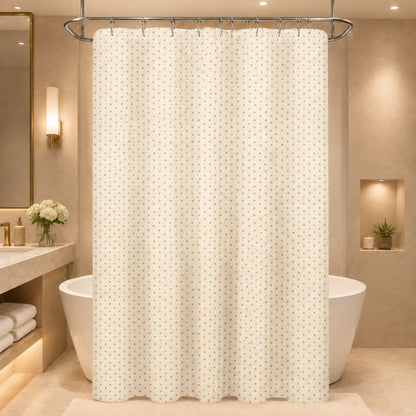 Hospitality beige patterned shower curtain displayed in a hotel bathroom, ideal for resorts, motels, inns and Airbnb properties.