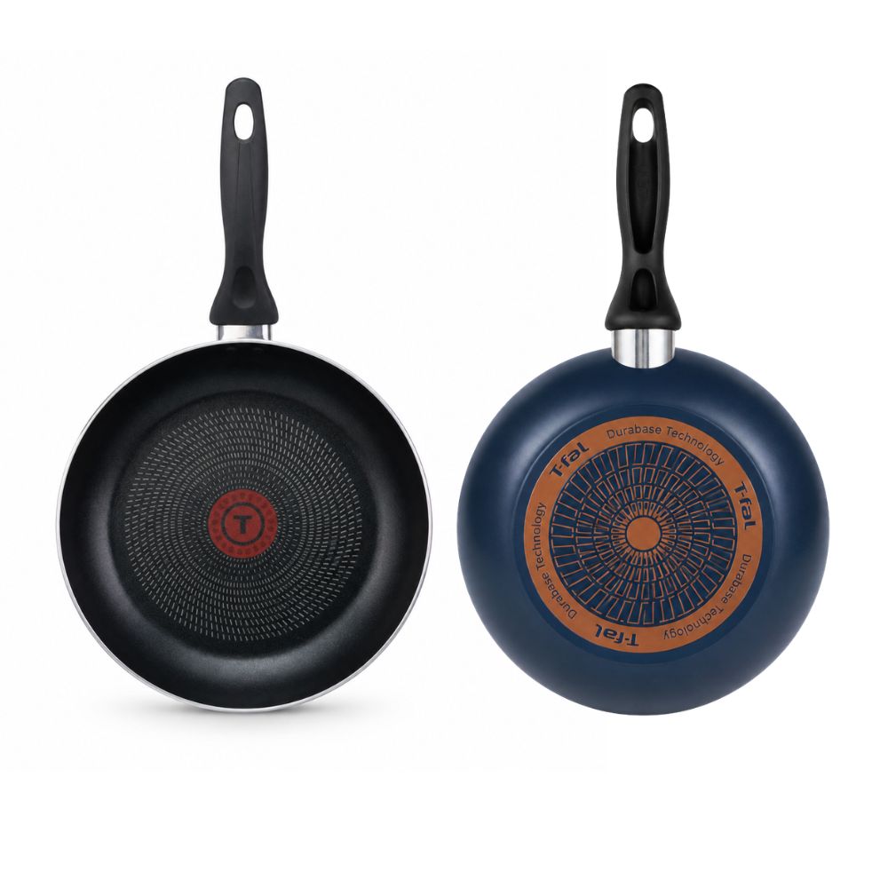 T-fal nonstick frying pan shown front and back for hotel kitchenettes, extended-stay properties and furnished rental kitchens.